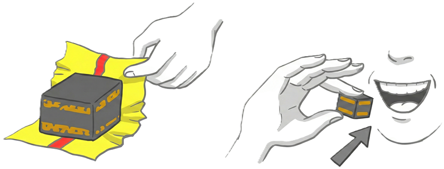 Tambu prenas la bombonon el la papero li metas la bombonon en sian buŝon