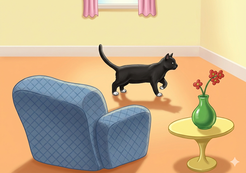 kato iras en la ĉambro