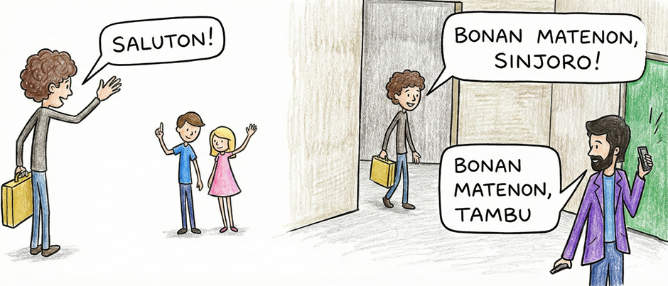 Tambu salutas siajn geamikojn kaj la instruiston