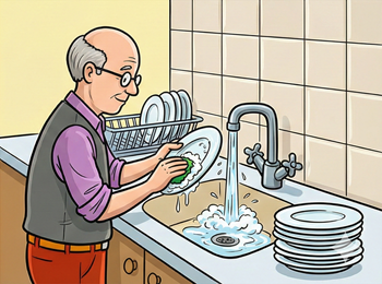 li lavas la manĝilaron