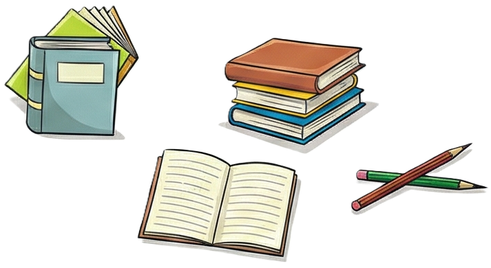 libroj, kajero kaj krajonoj